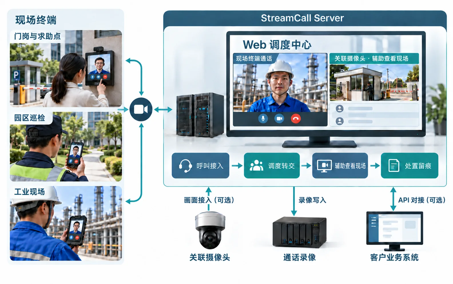 StreamCall 门岗求助点、园区巡检和工业现场的视频呼叫与调度示意，包含接听转交、关联摄像头辅助查看、通话录像和处置记录